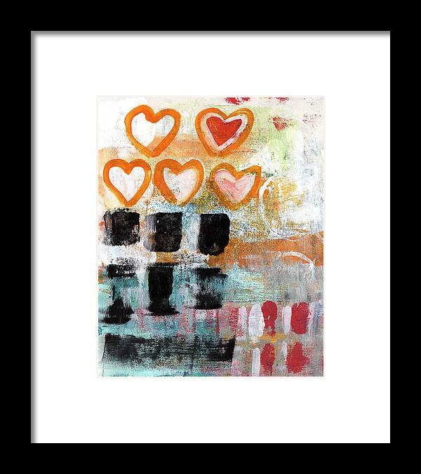Abstract Hearts Painting Framed Print featuring the painting Orange Hearts- abstract painting by Linda Woods
