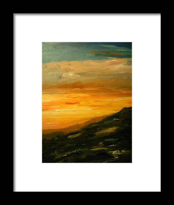 Sunset Framed Print featuring the painting Orange landscape with a sunset by Ray Khalife