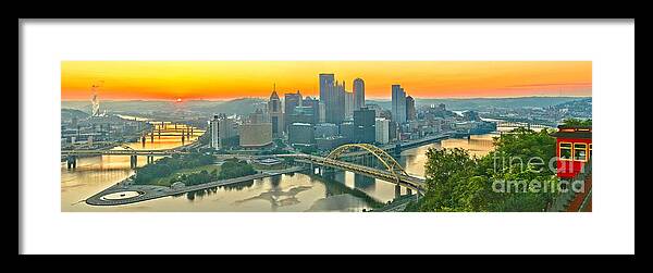 Duquesne Incline Framed Print featuring the photograph Orange Skies And A Red Car by Adam Jewell