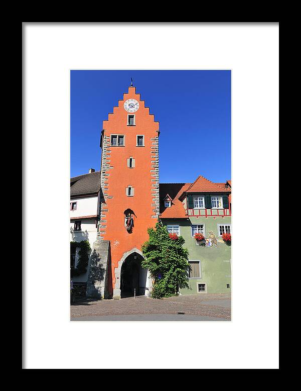Meersburg Framed Print featuring the photograph Orange tower and blue sky - City gate in Meersburg Germany by Matthias Hauser