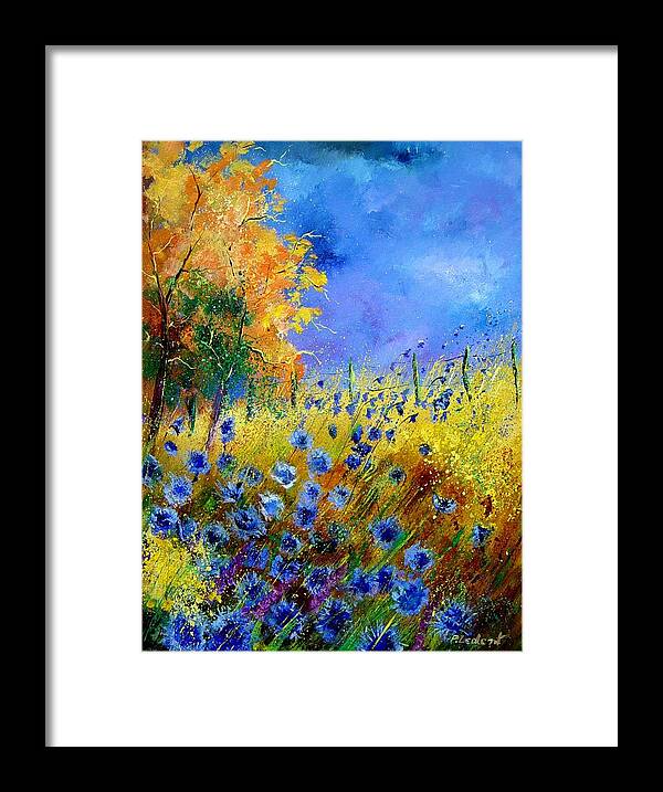 Poppies Framed Print featuring the painting Orange tree and blue cornflowers by Pol Ledent