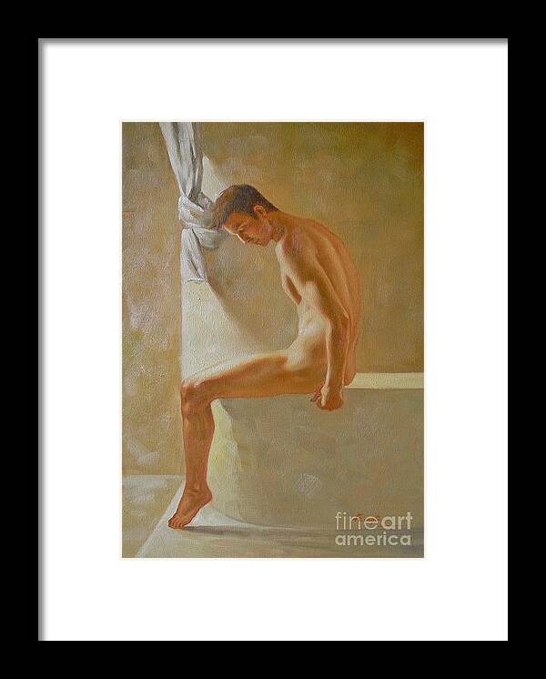Original Framed Print featuring the painting Original Classic Oil Painting Body Man Art- Male Nude In The Bathroom#16-2-3-01 by Hongtao Huang