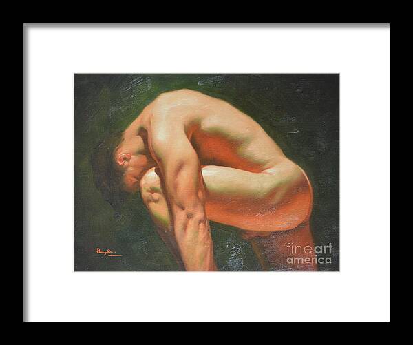 Original Oil Painting Framed Print featuring the painting Original classic oil painting man body art-male nude -042 by Hongtao Huang