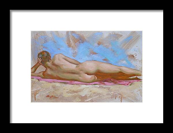 Original. Oil Painting Framed Print featuring the painting Original Impression Gay Man Body Art Male Nude On Canvas-78 by Hongtao Huang