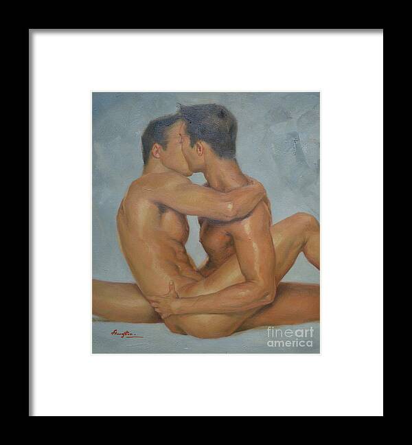 Original Framed Print featuring the painting Original Man Oil Painting Gay Body Art- Two Male Nude On Canvas by Hongtao Huang
