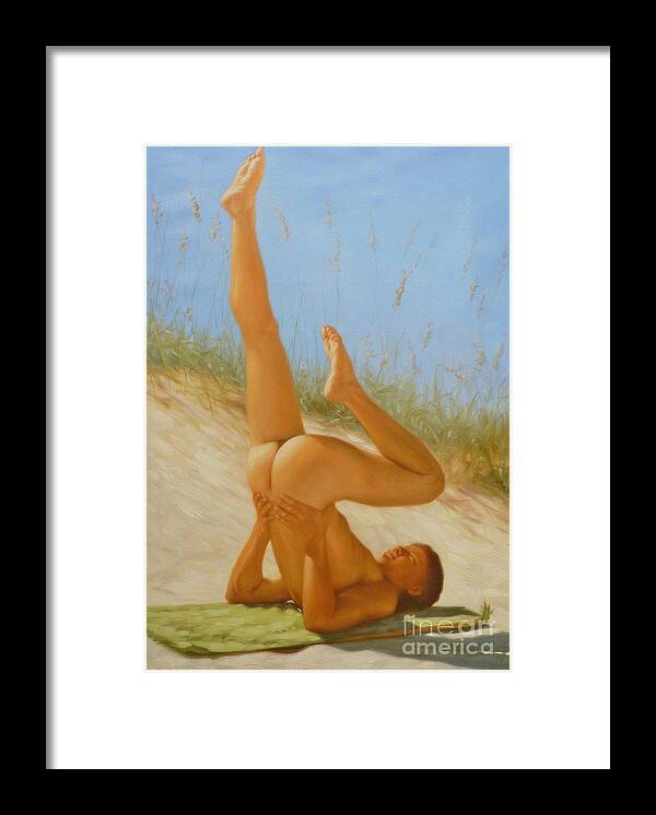 Art Framed Print featuring the painting Original Oil painting man art male nude on sand on canvas#16-2-5-05 by Hongtao Huang