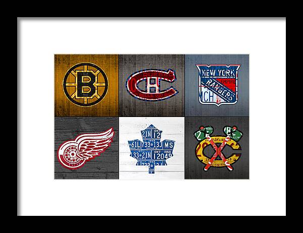 Original Six Framed Print featuring the mixed media Original Six Hockey Team Retro Logo Vintage Recycled License Plate Art by Design Turnpike