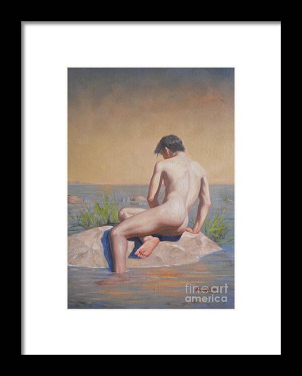 Original. Oil Painting Framed Print featuring the painting Original Young Man Body Oil Painting Gay Art Male Nude#16-2-3-04 by Hongtao Huang