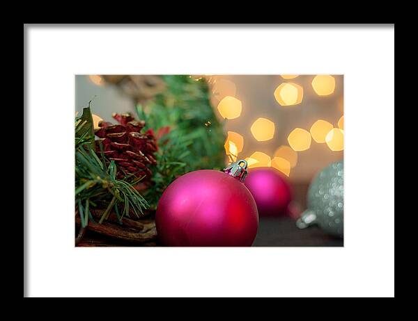 Christmas Framed Print featuring the photograph Ornaments And Wreath by Eugene Campbell