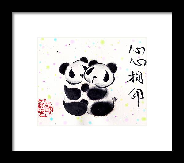 Panda Framed Print featuring the painting Our Hearts Are Sealed by Oiyee At Oystudio