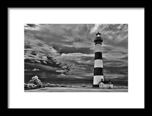 Outer Banks Framed Print featuring the photograph outer Banks - Stormy Day at Bodie Lighthouse BW by Dan Carmichael