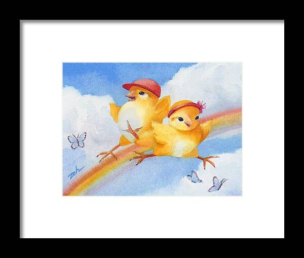 Rainbow Art Framed Print featuring the painting Baby Chicks - Over the Rainbow by Janet Zeh