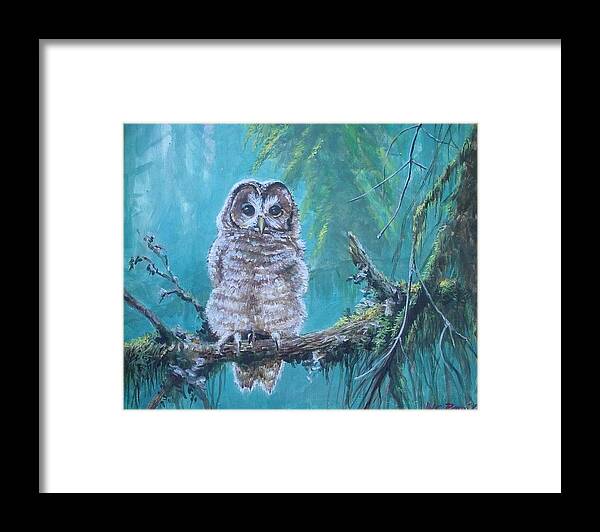 Owl In The Woods Framed Print featuring the painting Owl in the woods by Perry's Fine Art