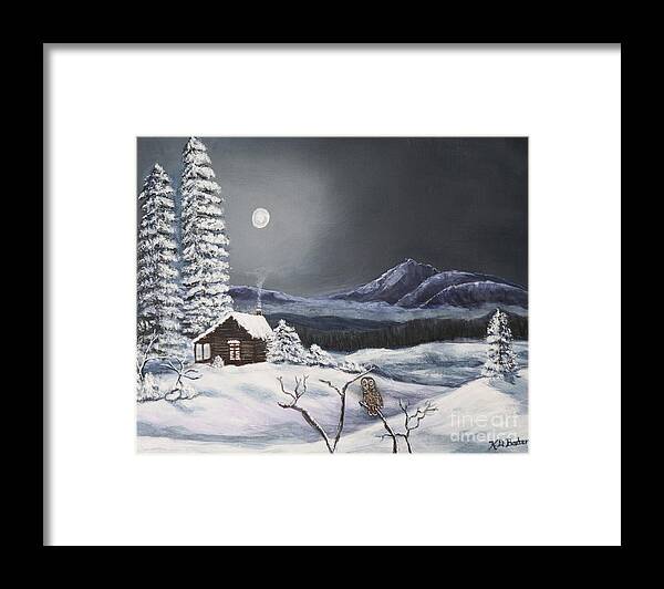Nature Scene Cold Winter's Night Snowy Scene In A Valley With Blue Gray Mountains In The Background Mist Rising Up In The Mountains Log Cabin Covered In Snow Smoke Crystallizing In The Air From The Chimney Evergreen Trees Deciduous In The Front With A Barred Owl Resting And Watching On A Tree Limb In The Foreground Peaceful Dreamy Winter Scene Acrylic Painting Framed Print featuring the painting Owl Watch on A Cold Winter's Night Original by Kimberlee Baxter
