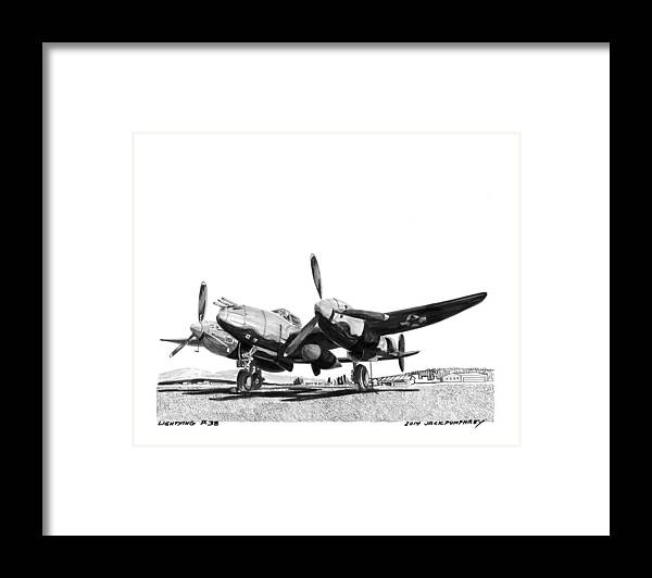 Pen & Ink Wash Drawing Of The Lockheed P-38 Lightning Which A World War Ii American Fighter Aircraft Was Built By Lockheed Framed Print featuring the painting P 38 Lightning by Jack Pumphrey