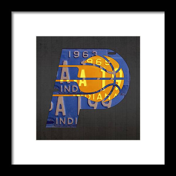 Pacers Framed Print featuring the mixed media Pacers Basketball Team Logo Vintage Recycled Indiana License Plate Art by Design Turnpike