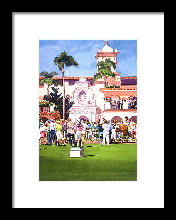Del Mar Framed Print featuring the painting Paddock at Del Mar by Mary Helmreich