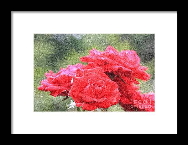 Red Roses Framed Print featuring the photograph Painterly Red English Roses with Green Swirls by Beverly Claire Kaiya