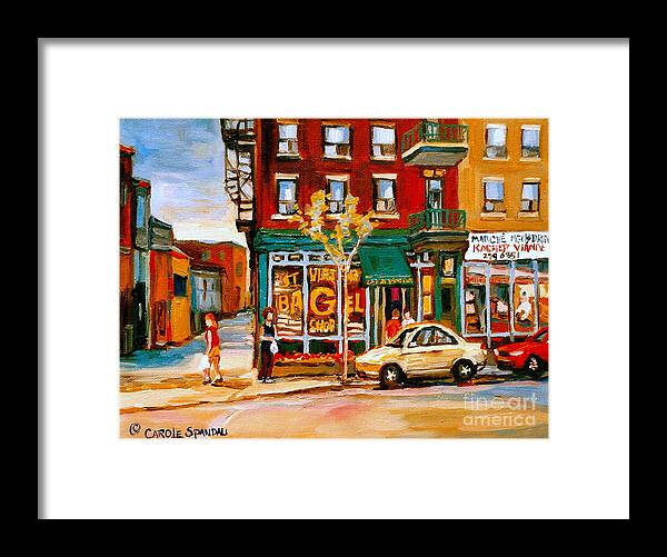 Montreal Framed Print featuring the painting Paintings Of Famous Montreal Places St. Viateur Bagel City Scene by Carole Spandau
