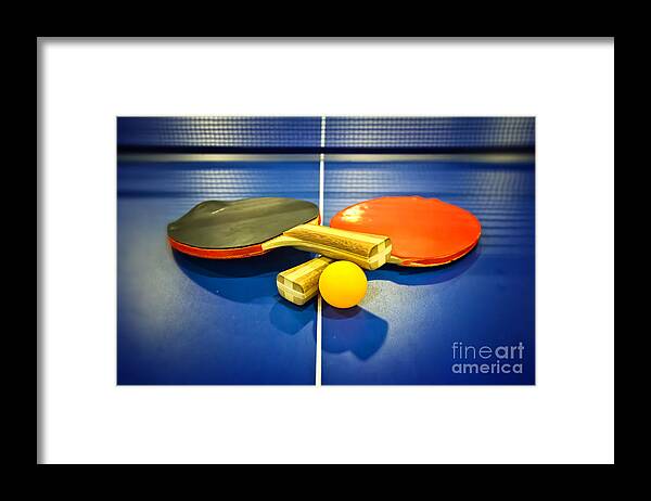 Ping-pong Framed Print featuring the photograph Pair of Ping-pong Bats Table Tennis Paddles Rackets on Blue by Beverly Claire Kaiya
