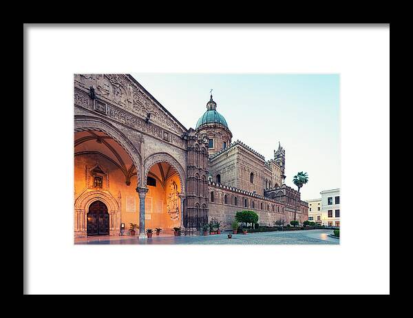 Saturated Color Framed Print featuring the photograph Palermo Cathedral At Dusk, Sicily Italy by Romaoslo