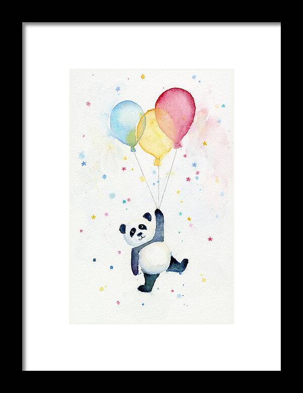Panda Framed Print featuring the painting Panda Floating with Balloons by Olga Shvartsur