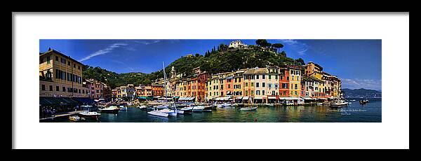 Port Framed Print featuring the photograph Panorama of Portofino Harbour Italian Riviera by David Smith