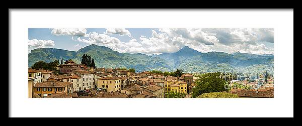 Barga Framed Print featuring the photograph Panoramic view from Barga in Italy of the appeninies by Peter Noyce