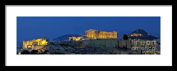 Acropolis; Acropoli; Akropoli; Akropolis; Parthenon; Erechthion; Erechtheion; Monument; Theatre; Herodus Atticus; Odeon; Athens; City; Capital; Attica; Attika; Attiki; Greece; Hellas; Greek; Hellenic; Europe; European; Temple; Ancient; Dusk; Twilight; Evening; Night; Lights; Holidays; Vacation; Travel; Trip; Voyage; Journey; Tourism; Touristic; Summer; Panorama; Panoramic Framed Print featuring the photograph Panoramic view of Acropolis of Athens by George Atsametakis
