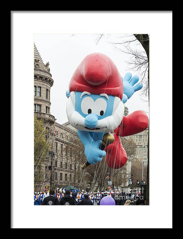 Macy's Thanksgiving Day Parade Framed Print featuring the photograph Papa Smurf Balloon at Macy's Thanksgiving Day Parade by David Oppenheimer
