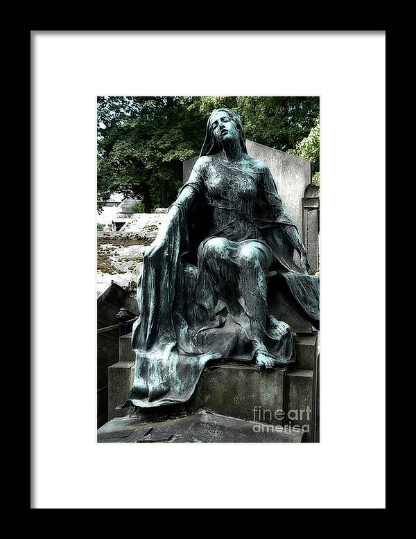 Paris Framed Print featuring the photograph Paris Gothic Female Mourner - Montmartre Cemetery Female Sculpture - Mother Looking Over Son by Kathy Fornal