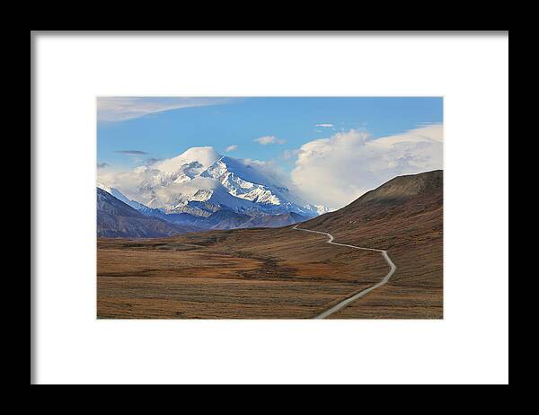 Scenics Framed Print featuring the photograph Park road in autumn landscape leading toward Mount Denali by Rainer Grosskopf