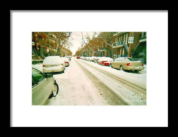 Montreal Framed Print featuring the painting Parked Cars Snowed In Cold December Day Verdun Painting Quebec Winter Scenes Carole Spandau Art by Carole Spandau