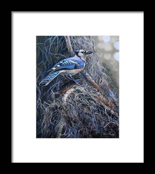 Blue Jay Framed Print featuring the painting Passing Through by Deb LaFogg-Docherty