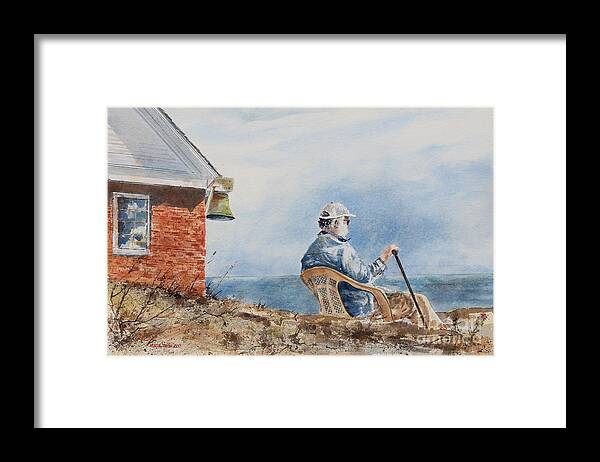 A Gentleman Looks To Sea At The Pemaquid Point Lighthouse On Mid-coast Maine.  Framed Print featuring the painting Passing Time by Monte Toon