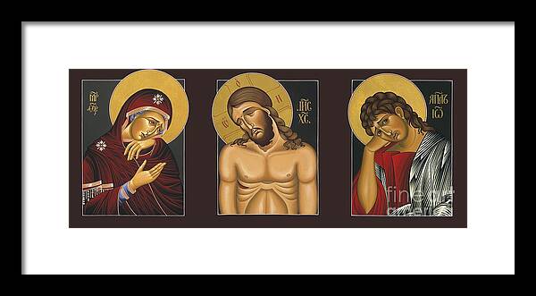 our Lady Of Sorrows jesus Christ Extreme Humility And st. John The Apostle Together In An Amazingly Powerful Triptych. Father Bill Mcnichols Framed Print featuring the painting Passion Triptych by William Hart McNichols