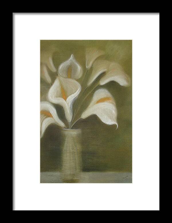 Zantedeschia Framed Print featuring the painting Pastel Calla Lilies In Glass Vase by Taiche Acrylic Art