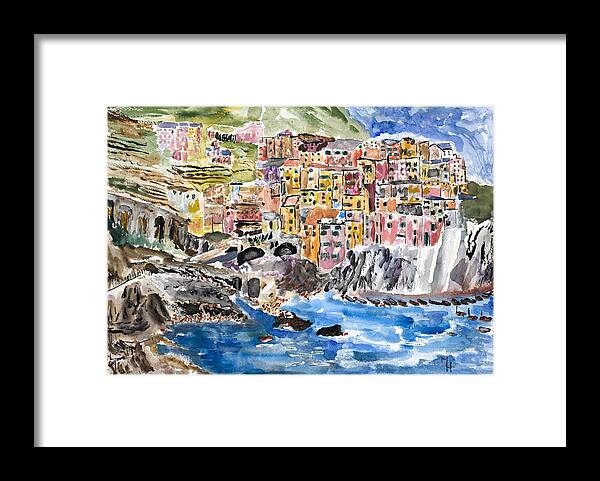 Riomaggiore Framed Print featuring the painting Pastel Patchwork Village by Michael Helfen