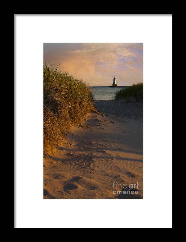 Ludington Framed Print featuring the photograph Pathway to lighthouse by Timothy Johnson