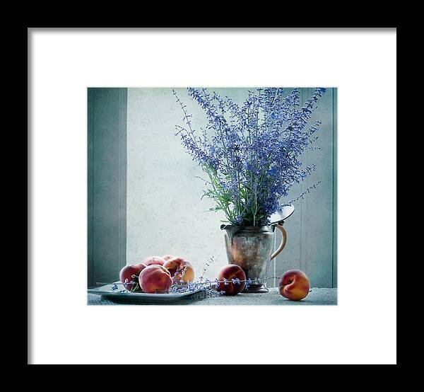 Still Life Framed Print featuring the photograph Peaches and Blues by Maggie Terlecki