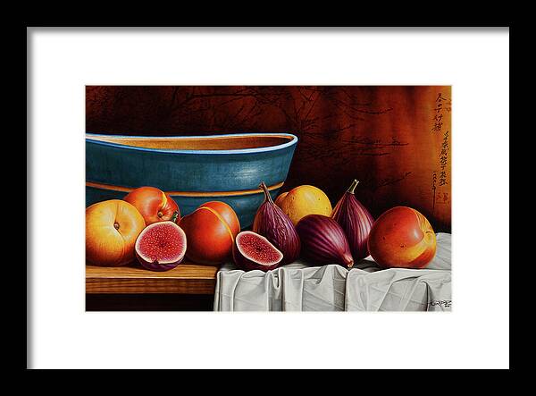 Fruit Framed Print featuring the painting Peaches and Figs by Horacio Cardozo