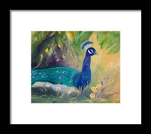 Peacock Framed Print featuring the painting Peacock in the Grass by Jan Moore