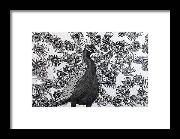 Line Art Framed Print featuring the drawing Peacock Walk by Megan Dirsa-DuBois