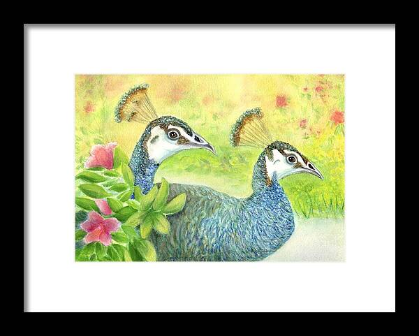 Peahens Framed Print featuring the painting Peahens Strolling in the Garden by Jeanne Juhos