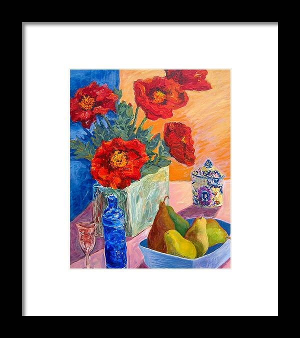 Poppy Framed Print featuring the painting Pears and Poppies by Kerima Swain