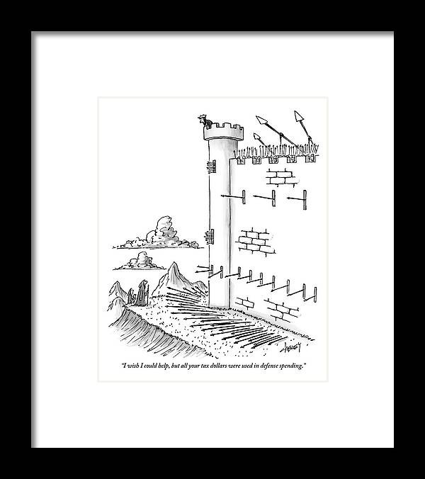 Medieval Times Framed Print featuring the drawing Peasant Outside Gates Speaks To King At Top by Tom Cheney