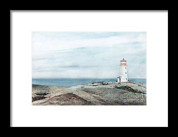The Lighthouse On The Rocky Shores Of Peggy's Cove In Nova Scotia. Framed Print featuring the painting Peggy's Light by Monte Toon