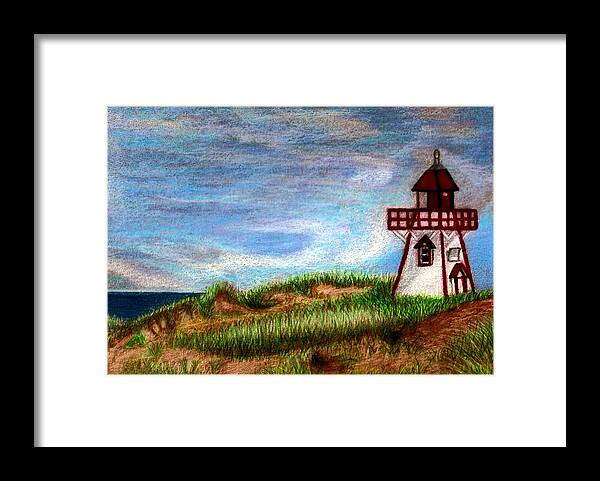 Pei Lighthouse Framed Print featuring the drawing PEI Lighthouse by Jo Prevost
