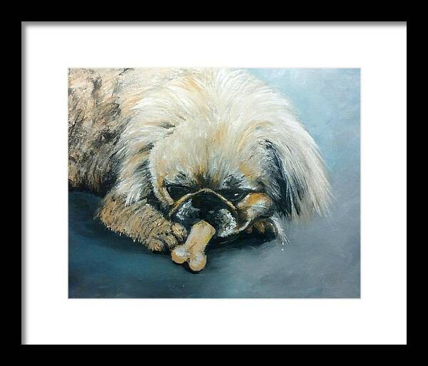 Bone Framed Print featuring the painting Pekinese and the Bone by Abbie Shores