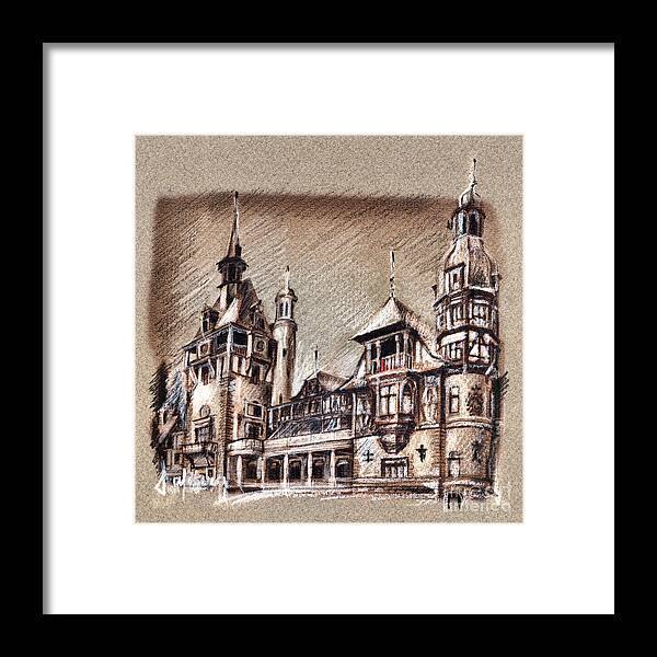 Castels Framed Print featuring the drawing Peles Castle Romania Drawing by Daliana Pacuraru